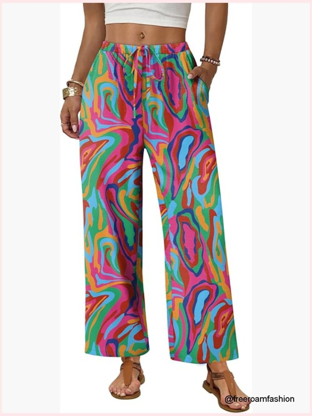 Wide Leg Palazzo Pants with Pockets Elastic Waist Drawstring Summer Beach